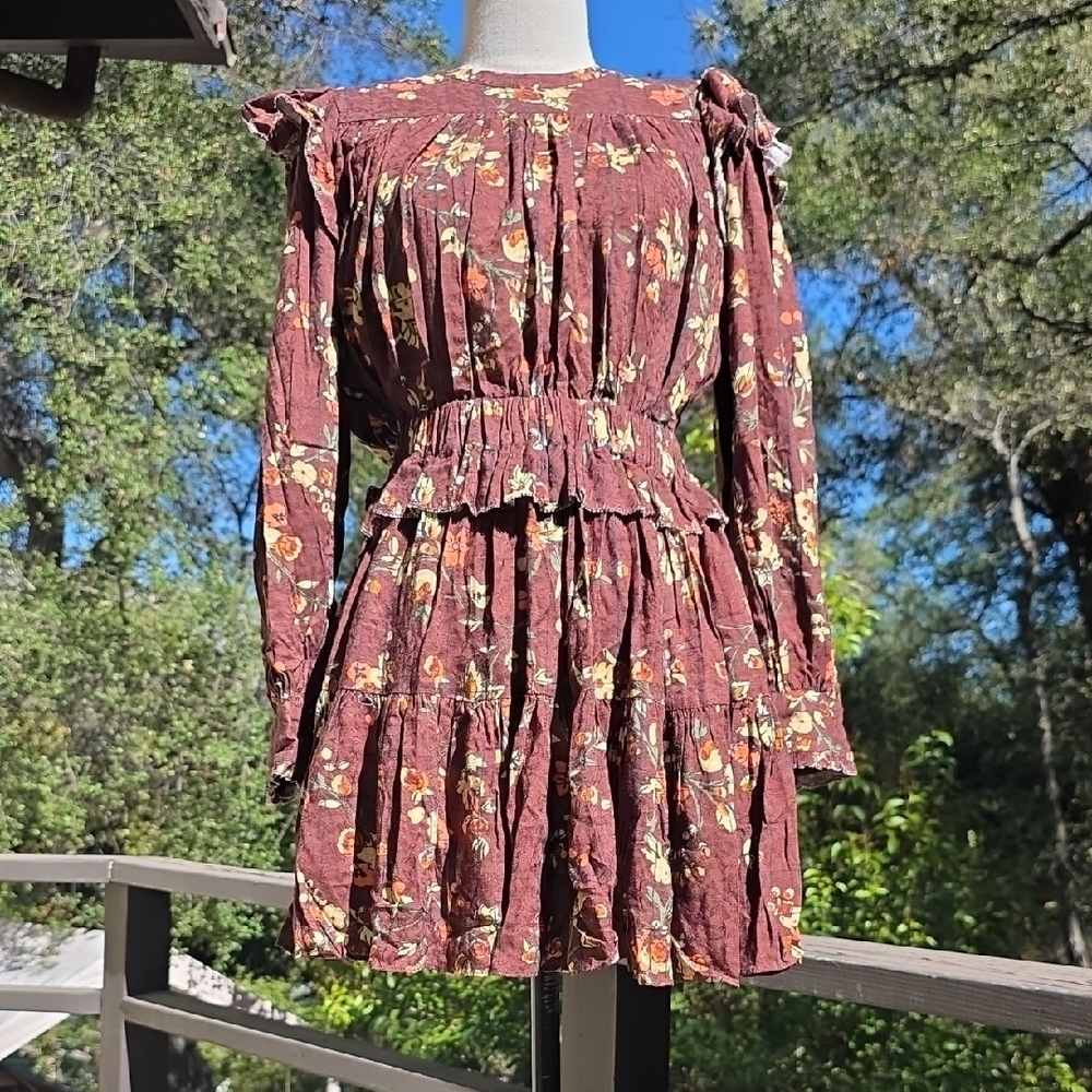 NEW RHODE AUTUMN FLORAL PRINT BROWN MINI DRESS SIZE SMALL S
